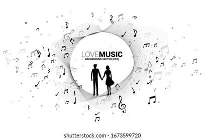 Lover couple holding hand with music melody note dancing flow . Concept background for love song and concert theme.