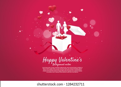 Lover couple holding hand standing on open gift box big. valentine's day and love and anniversary theme.