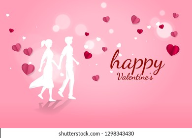 Lover couple holding hand walking with flying paper heart background. valentine's day and love and anniversary theme.