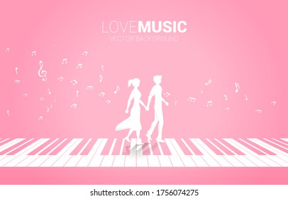 Lover couple holding hand walking on piano  key with music melody note dancing flow. Concept background for love song and concert theme.