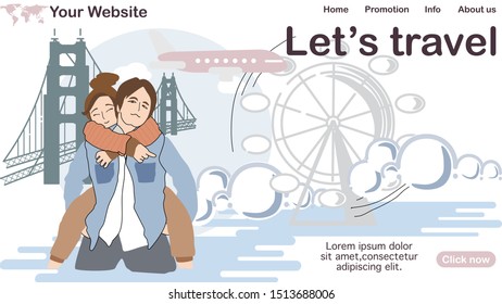 Lover couple let’s honeymoon travel, cute Asia, for banner, infographic, design for ui, ux, website or publisher, flat vector, easy to adjust color.