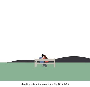 Lover Couple Hugging Sit relaxing on Bench in the Beautiful Autumn Day. People love and relationships concept.