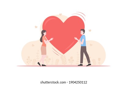 Lover couple man and woman holding big heart in flat icon design