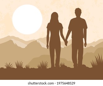 lover couple silhouettes in the camp