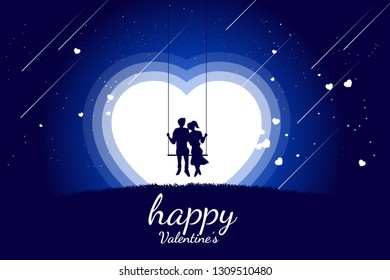 Lover couple sitting together on swing in romantic scene with flying heart background. valentine's day and love and anniversary theme.