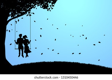 Lover couple sitting together on swing in romantic scene under the big tree . valentine's day and love and anniversary theme.