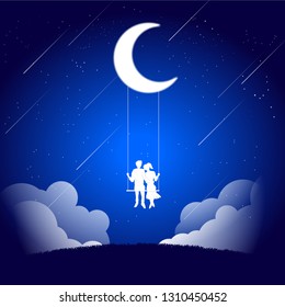 Lover couple sitting together on swing in romantic scene under the moon. valentine's day and love and anniversary theme.