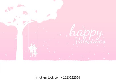 Lover couple sitting together on swing in romantic scene under the big tree. valentine's day and love and anniversary theme.