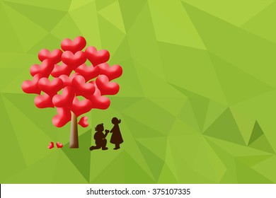 Lover couple under a big red heart tree on green field. Heart tree blossom. Heart tree and Low poly green background. 3 D heart.
