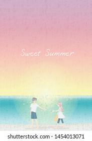 Lover couple walking at peaceful beach with sweet sunset pastel sky background vector for decoration on summer events, Valentine's day and wedding invitation artwork. 
