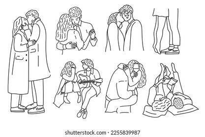 Lover couples set. Diverse people in romantic relationships. Men and women kissing, hugging and cuddling. Romantic time together. Hand drawn style. Vector illustration