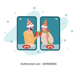 Lover dating online via smart phone on Christmas and New year celebration. Cartoon flat vector illustration. Party online, video call, family gathering concept.