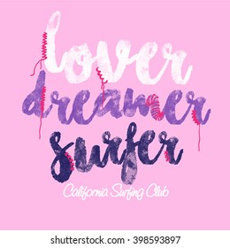 Lover Dreamer Surfer Slogan T-Shirt graphic for jersey fabric. typography design.