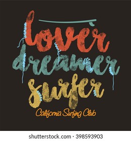 Lover Dreamer Surfer Slogan T-Shirt graphic for jersey fabric. typography design.