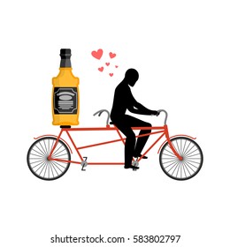 Lover drink alcohol. Bottle of whiskey on bike. Man rolls brandy on tandem. Romantic date. Alcoholic Lifestyle