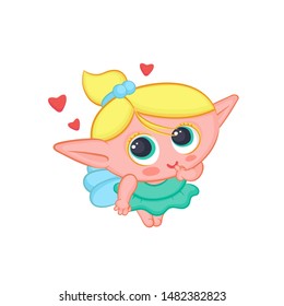 Lover elf fairy with wings. Cute blond girl sorceress in dress confesses love vector fantastic character isolated cartoon illustration.