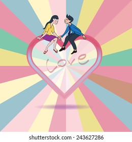 Lover express love on heart shape floating on rainbow background