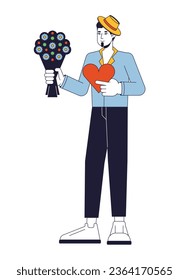 Lover flat line color vector character. Romantic man holding bouquet and sweets. Editable outline full body person on white. Simple cartoon spot illustration for web graphic design