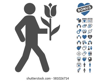 Lover With Flower pictograph with bonus amour icon set. Vector illustration style is flat iconic cobalt and gray symbols on white background.