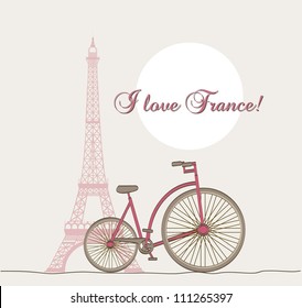 i lover france text with tower eiffel and bike. vector illustration