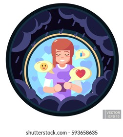 Lover freand family cheer up depressed girl boy man women via smart phone tablet. Care and support in stressful time, shelter against problem in chat cartoon falt vector illustration eps10.