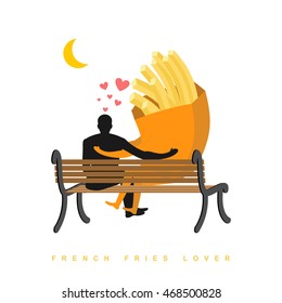 Lover french fries. Fastfood and people are looking at moon. Date night. Man and a meal sitting on bench. romantic illustration meal