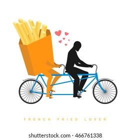 Lover french fries. Food on  bicycle. Lovers of cycling. Man rolls fastfood on tandem. Joint walk with meal. Romantic date. fantastic illustration undershot
