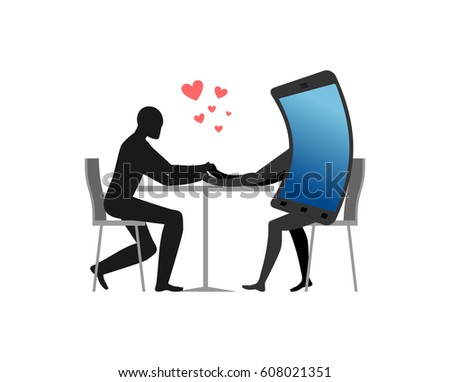 Lover of gadgets. Man and smartphone In cafe. sitting at table. Always together device. I love my phone.