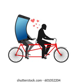 Lover of gadgets. Man and smartphone on bicycle. Riding on tandem. Always together device. I love my phone.
