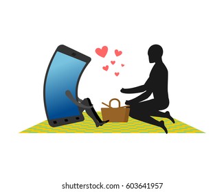 Lover of gadgets. Man and smartphone On picnic. Basket and picnic blanket. Always together device. I love my phone.

