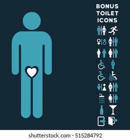 Lover Guy icon and bonus gentleman and lady toilet symbols. Vector illustration style is flat iconic bicolor symbols, blue and white colors, dark blue background.