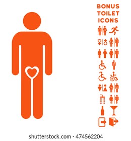 Lover Guy icon and bonus man and female WC symbols. Vector illustration style is flat iconic symbols, orange color, white background.