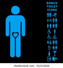Lover Guy icon and bonus man and lady toilet symbols. Vector illustration style is flat iconic symbols, blue color, black background.