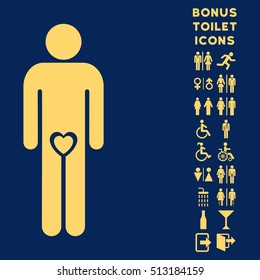 Lover Guy icon and bonus man and female restroom symbols. Vector illustration style is flat iconic symbols, yellow color, blue background.