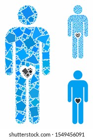 Lover guy mosaic of rough pieces in variable sizes and color tinges, based on lover guy icon. Vector rough pieces are composed into mosaic. Lover guy icons collage with dotted pattern.