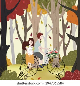 A lover having fun with cycle in the forest.