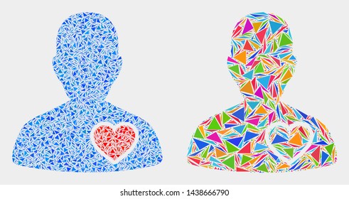 Lover heart collage icon of triangle items which have variable sizes and shapes and colors. Geometric abstract vector illustration of lover heart.
