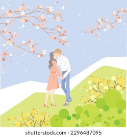 Lover holding hands and kissing under a background full of spring flowers