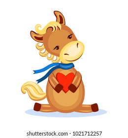 Lover horse with love vector kid cartoon animal, domestic cute foal in scarf isolated on white, Character design holiday for greeting card, children invitation, creation of alphabet, valentines days