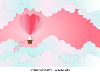  The lover in hot air balloons on the pastel sky background as love , wedding, valentine, design paper art and craft style concept. vector illustration