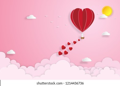  The lover in hot air balloons on pink sky and sunrise background as love , wedding, valentine, design paper art and craft style concept. vector illustration