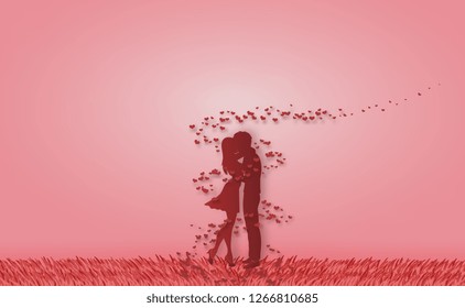 lover hugging on grass model with hearts and  red background. valentine, love, origami, paper art.