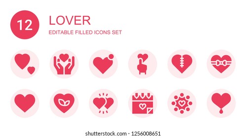 lover icon set. Collection of 12 filled lover icons included Love, Heart, Hearts