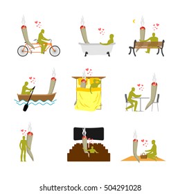 Lover joint or spliff set. addict on picnic. Man and smoking drugon bike. Marijuana lovers in bed. Romantic illustration hemp in  cinema. Knanbis narcomaniac ang boat