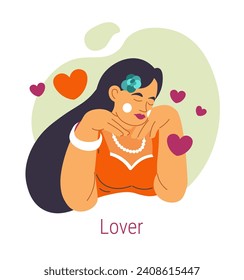 Lover Jungian archetype, isolated female personage feeling love and intimate feeling. Long for close relationship, partnership and closeness. Psychology and self discovery. Vector in flat styles