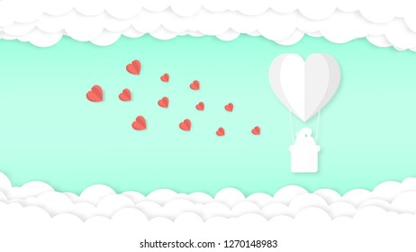 Lover kissing in heart shape hot air balloon and paper heart floating on the sky with paper style background vector design illustration.