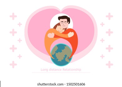 Lover with Long distance relationship sending thinking of hearts over the world. Drawing vector illustration design like a logo suitable for wedding invitation card or Valentines's day.