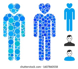 Lover man composition of filled circles in various sizes and color tinges, based on lover man icon. Vector filled circles are combined into blue composition.