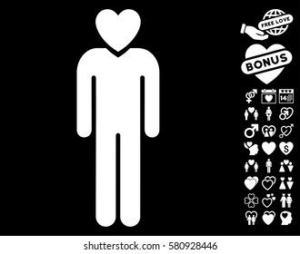 Lover Man icon with bonus decorative pictograms. Vector illustration style is flat iconic white symbols on black background.
