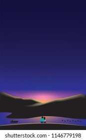 lover man woman waitting sightseeing sunrise horizon mountain river birds fisherman silhouette design poster background